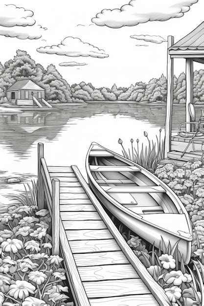 Premium Photo A Drawing Of A Boat Docked At A Dock Near A House