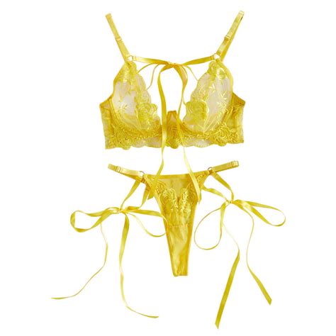 Oferta Por Tempo Limitado Conjunto De Lingerie Sexy Bordado Floral Amarelo Transparente