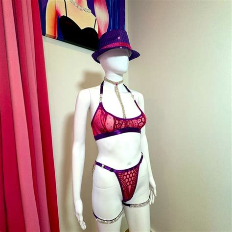 Hand Crafted Intimates Sleepwear Pink Purple Sequin Rhinestone Burlesque Piece Lingerie