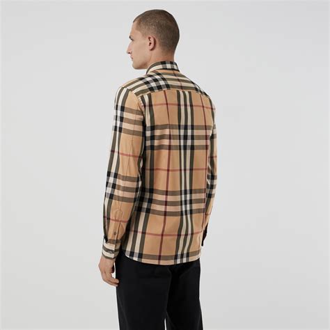 Check Stretch Cotton Shirt In Camel Men Burberry United States