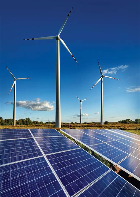 Wind Turbines And Solar Panels Closeup On Sky Background Plant