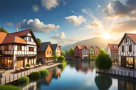 Premium Photo | A beautiful landscape with houses and mountains in the background.