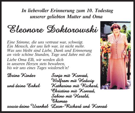 Traueranzeigen Von Eleonore Doktorowski Mittelbayerische Trauer