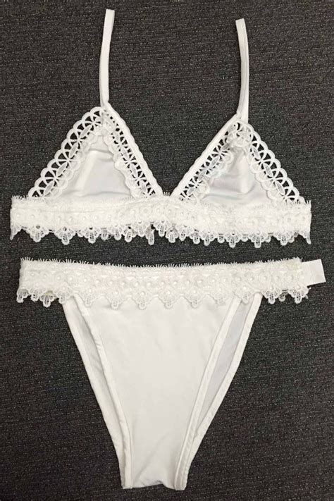 White Lace Splicing Spaghetti Straps Bikini Set Spaghetti Strap