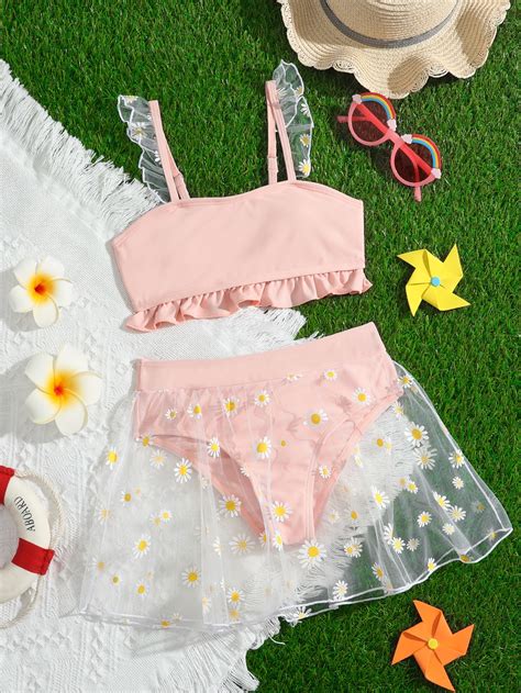 Girls Ruffle Hem Bikini Swimsuit Daisy Print Beach Skirt