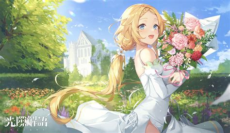Blonde Hair Blue Eyes Braids Building Clouds Dress Flowers Green Long Hair Petals Ponytail