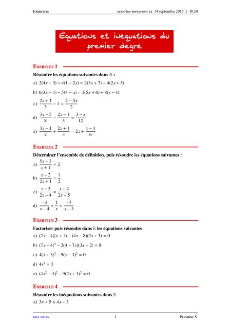 Equations et inéquations du premier degré Exercices non corrigés