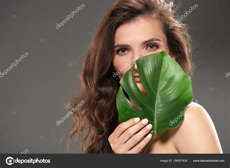 Attractive Naked Girl Green Monstera Leaf Isolated Grey Stock Photo By EdZbarzhyvetsky