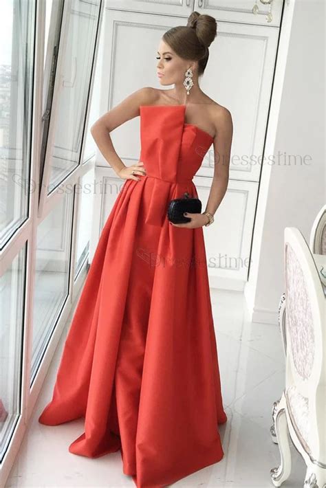 Simple A Line Strapless Long Satin Prom Dress Formal Evening Dresses Oks54 Formal Evening