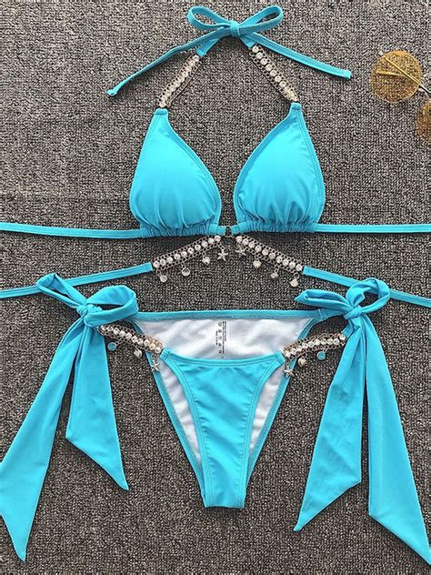 Wrap Around Halter Metal Chains Bikinis 2024 Diamond Bikini Women