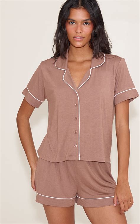 Ensemble De Pyjama Court Modal Café Au Lait À Lisérés Contrastants Lingerie Pyjamas