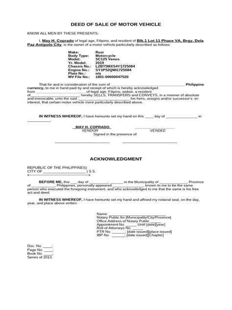 motor vehicle sale deed template  legal documents vehicles