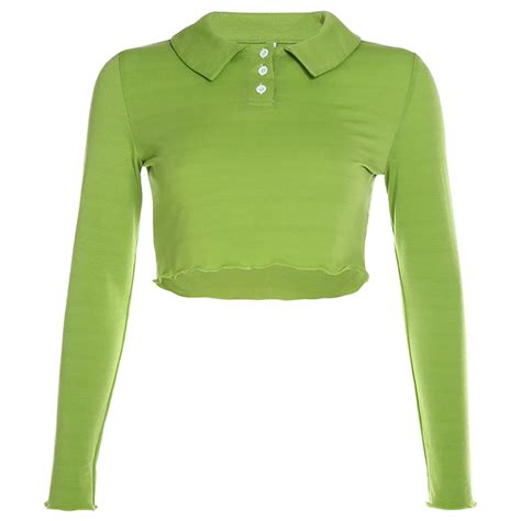 Green Top Turtleneck Long Sleeve Crop Top Clothes Neon Shirt Women