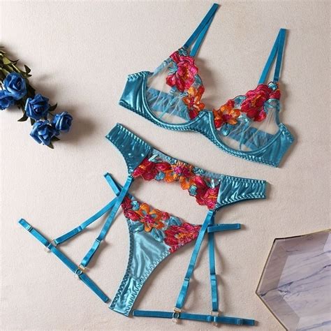 Jual Sexy Bra Set With Embroidered Flowers Garter Leg Circumference Thong Sexy Lingerie