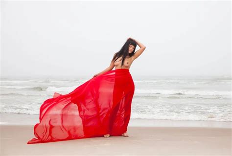 Beautiful Nude Woman Red Fabric Posing Sea Beach Foggy Day Stock Photo By Palinchak 538864774