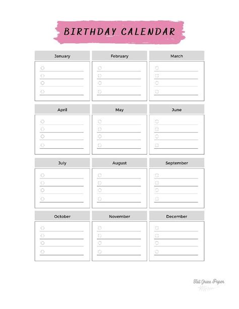 PDF Birthday Calendar Printable Template Important Date - Etsy Canada ...