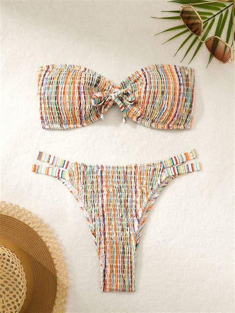 SHEIN Swim Vcay Women Summer Beach Color Block Striped Push Up Bikini Set For Beach Vacation