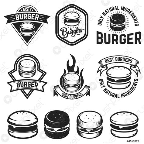 Set of burger labels Design elements for logo, emblem, menu - stock