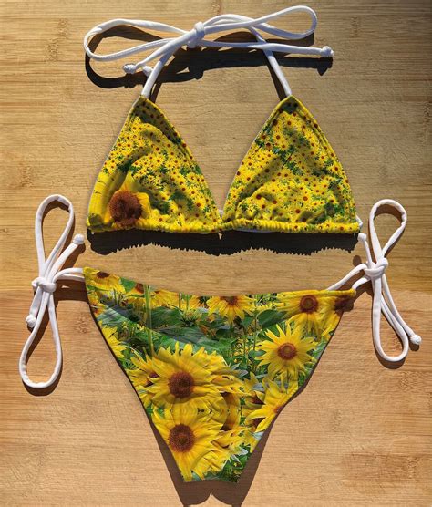 Swimwear Scrunch Butt Tie Triangle Top Bikini Set Sunflowers Field Thong Cheeky Full Coverage