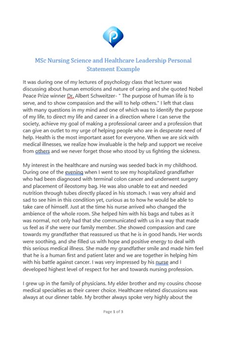 Nursing Science and Healthcare Leadership MSc personal statement example