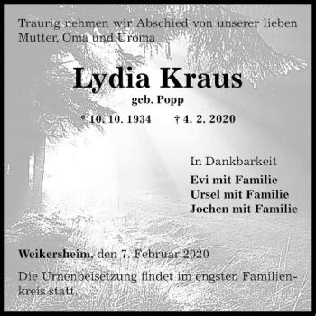 Traueranzeigen Von Lydia Kraus Trauerportal Ihrer Tageszeitung