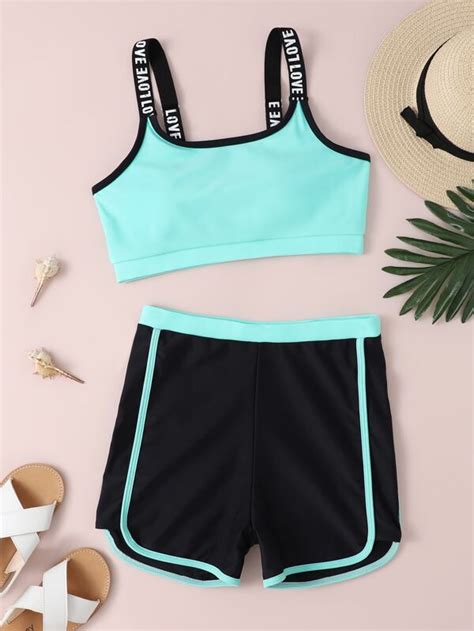 Teen Girls Letter Tape Contrast Binding Bikini Swimsuit Shein Usa
