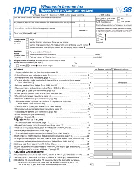 Fillable Wisconsin Income Tax Form Nonresident And Part Year Resident Printable Pdf Download