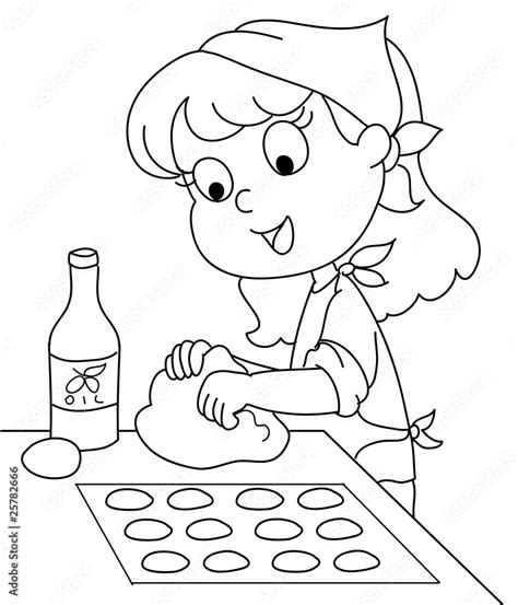 Illustrazione Stock Bambina Che Impasta Biscotti Bianco E Nero Adobe