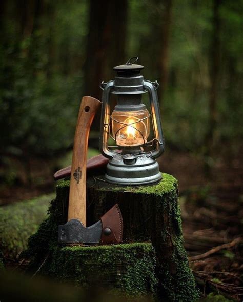 An Old Fashioned Lantern Is Sitting On Top Of A Tree Stump In The Woods