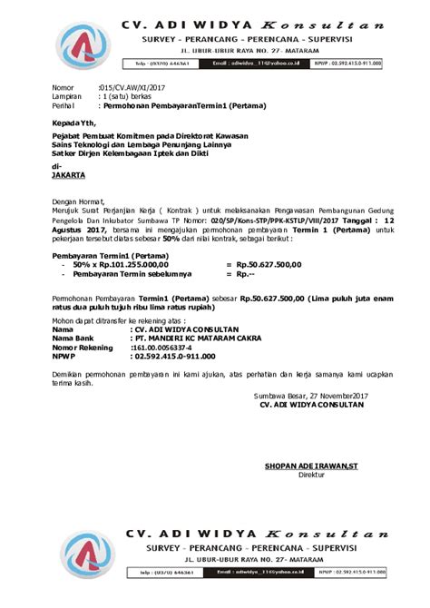 Contoh Surat Permohonan Pembayaran Tagihan
