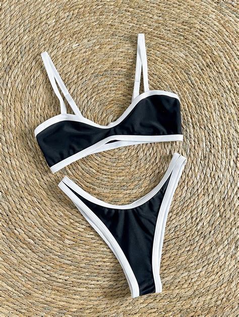 Swim Vcay Pcs Women S Summer Black White Contrast Color Spaghetti Strap Sexy Bikini Set For