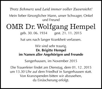 Traueranzeigen Von Wolfgang Hempel Abschied Nehmen De