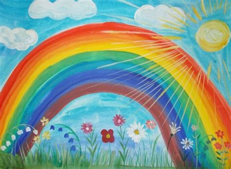 Детские рисунки пейзажей с радугой карандашами и красками