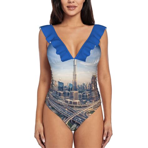 Uae Khalifa Tower Dubai City Sexy Ruffle Print Swimwear Women One Piece Swimsuit Female Monokini