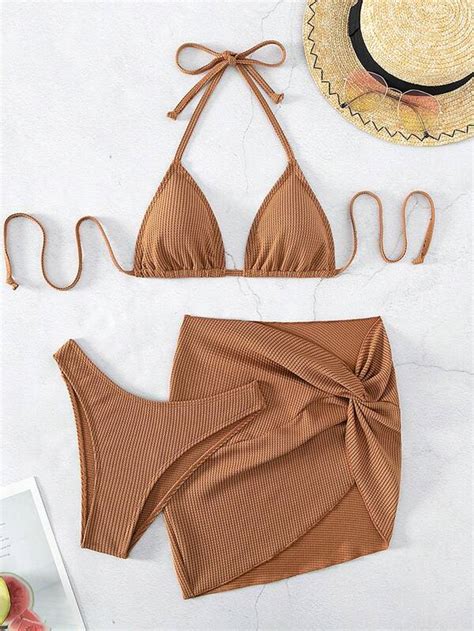Shein Swim Basics Textured Bikini Set Halter Triangle Bra Bikini Bottom Twist Beach Skirt