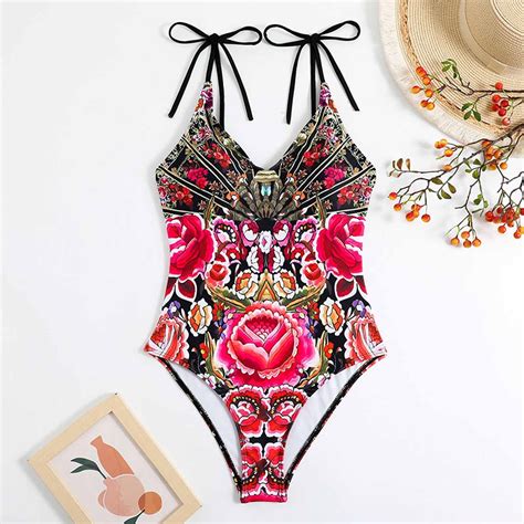 Tejiojio Women S Swimsuit Vintage Print Lace Up One Piece Swimsuit Bikini Lace Up Swimsuit Long