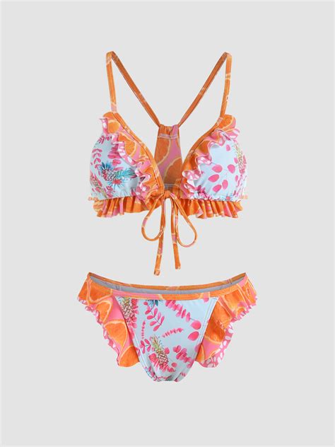 Fruit Pattern Ruffle Bikini Set For Vacation