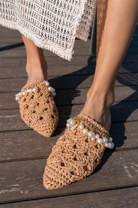 Belka Kadın İnci Detay Hasır Terlik Nude