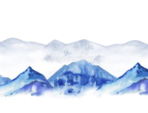 Landscape With Mountains Hand Drawn Watercolor Illustration Isolated