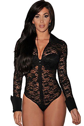 Sexy Dentelle Transparente Noir Manches Longues Corps Bodys Lingerie