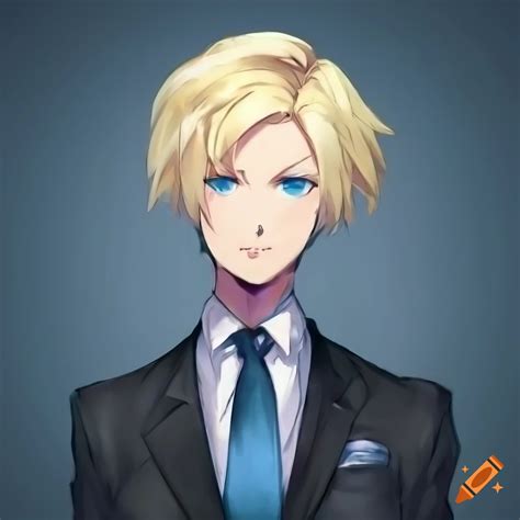 Androgynous Anime Character With Blonde Hair In A Suit Jacket And Tie On Craiyon