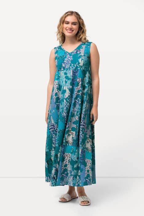 Patch Print Sleeveless Maxi Dress Deep Aqua Ulla Popken