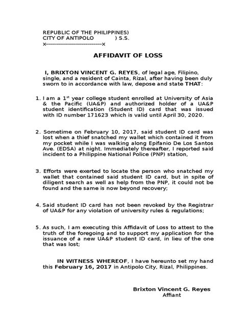Sample Affidavit Of Loss Pdf