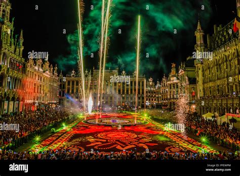 Brussels, Belgium - August 16, 2018: Grand Place at night during Flower