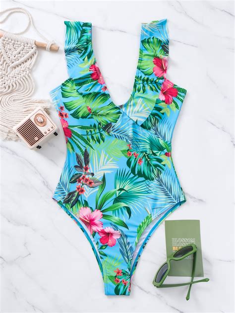 Tropical Print Ruffle Trim One Piece Swimsuit Shein Usa