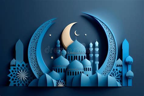 Paper Art Mosque And Crescent Islamic Moon Ramadan Concept Stock