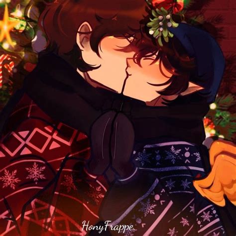 An Anime Character Is Kissing His Girlfriend In Front Of Christmas Trees