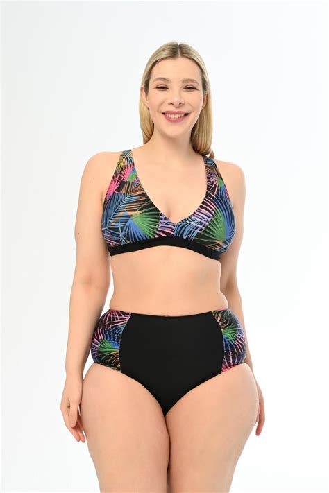 AQUAVİVA Aquaviva Kadın Siyah Palmiye Desen Büyük Beden Yüksek Bel Kelebek Bikini Takımı Fiyatı