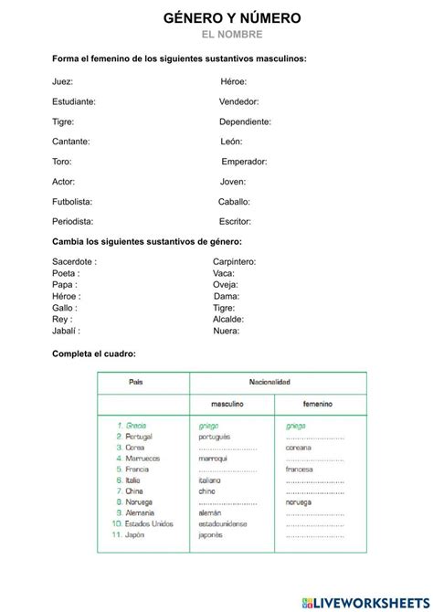 Género Del Sustantivo Worksheet For 1eso Live Worksheets