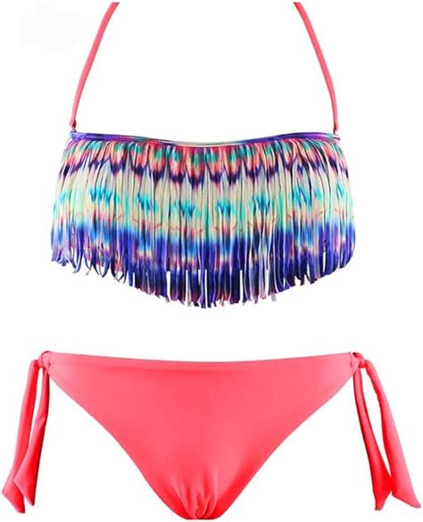 Maillot De Bain Femme Bikini Pi Ces Fluo Bandeau Franges Amazon Fr V Tements Et Accessoires
